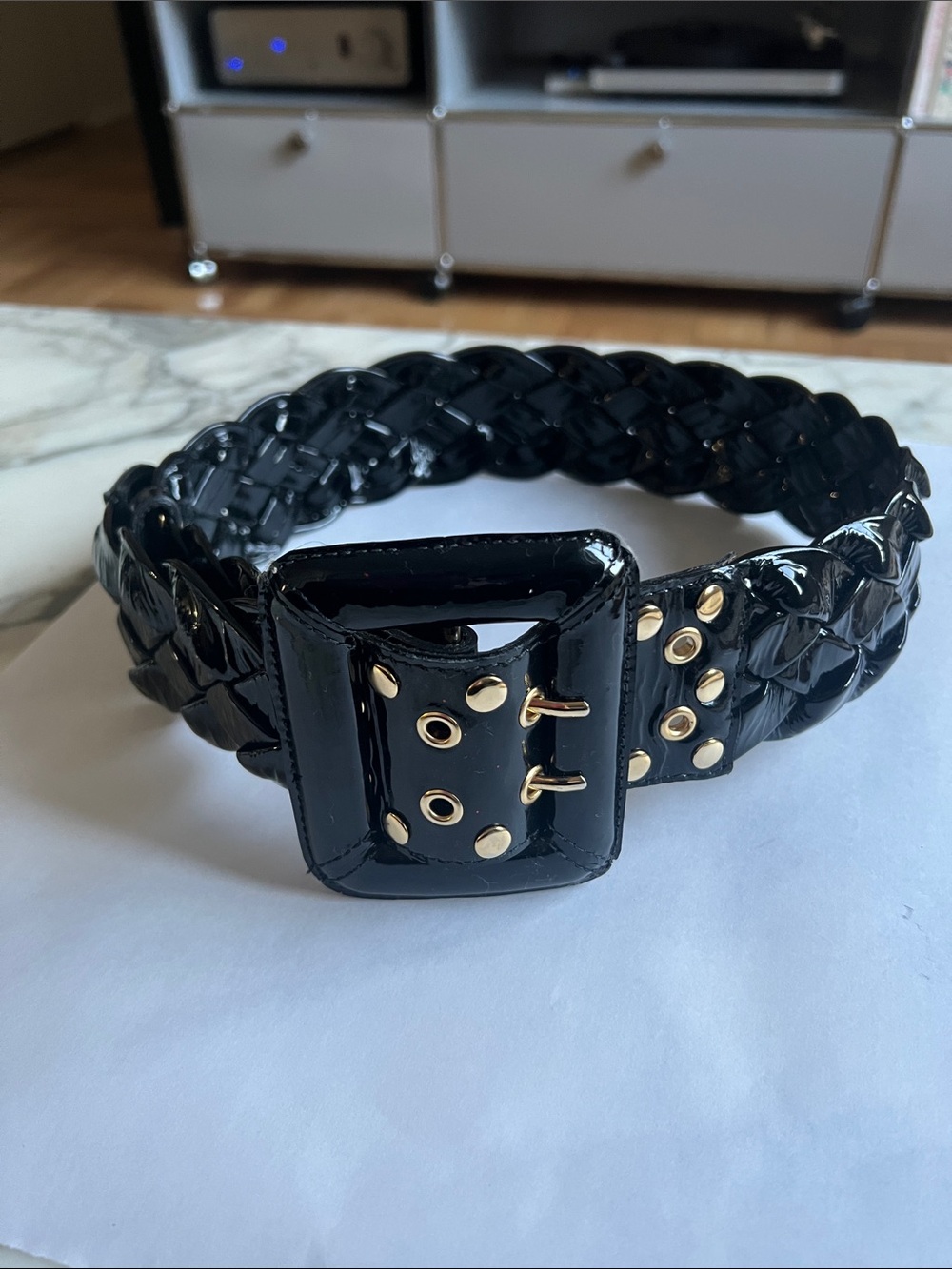Be & D Patent Leather Braided Belt with Gold Hardware - Black